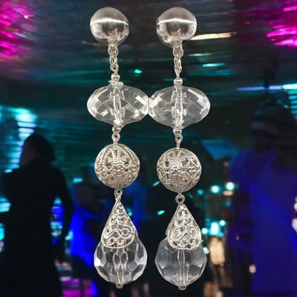 Cristina Jewelry - New OS Retro Disco Ball 4" Dangle Pierced Faux Crystal & Silver Tone Earrings